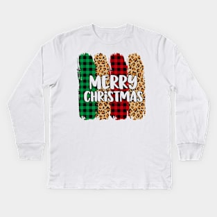 Merry Christmas Leopard Buffalo Plaid Kids Long Sleeve T-Shirt